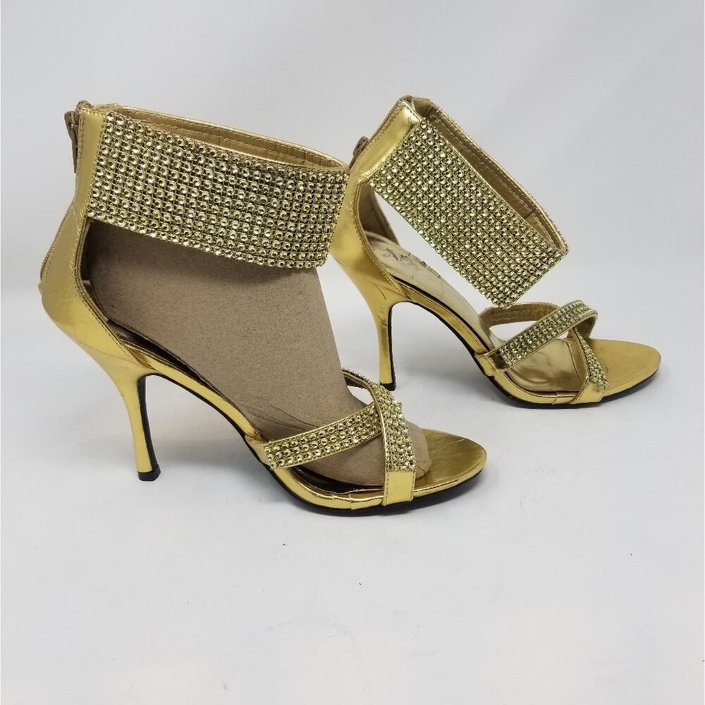 Red Circle Gold Crystals Ankle Stilettos Heels Zipper Back Blekis Women's Size 9 - Picture 2 of 16